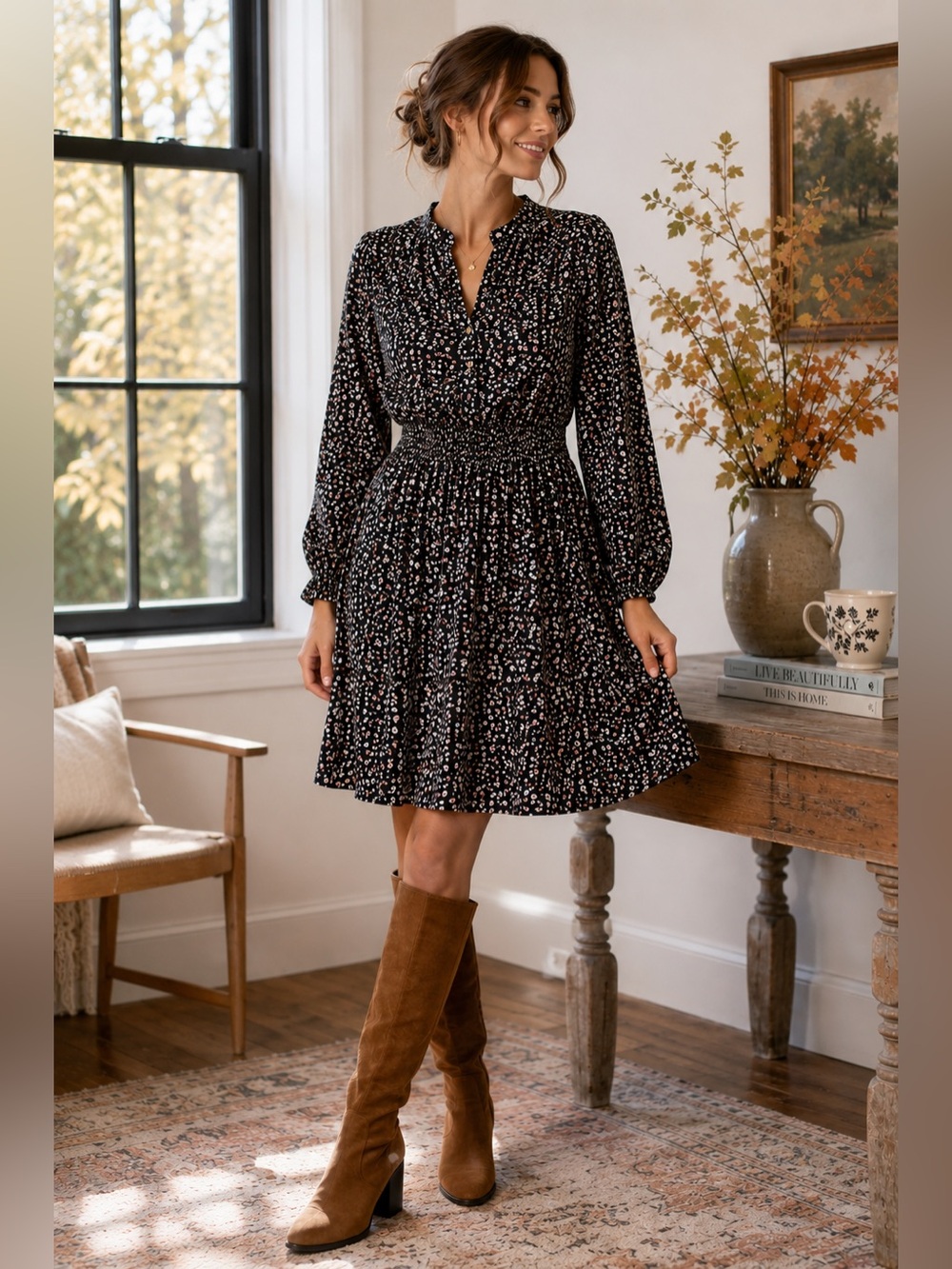 Boden Smocked Jersey Shirt Dress Black Floral Cotton Modal Size 8L